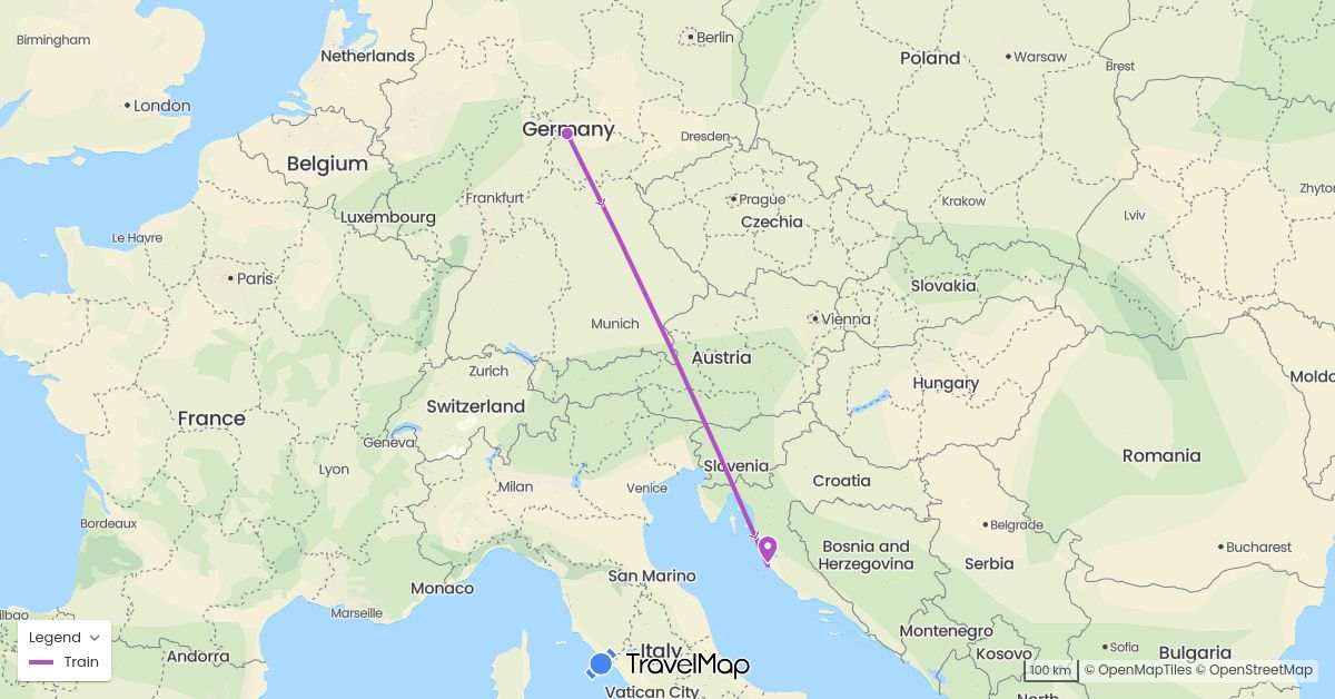 TravelMap itinerary: driving, train in Germany, Croatia (Europe)